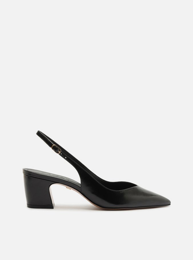 Scarpin Preto Couro Salto Médio Bloco Slingback