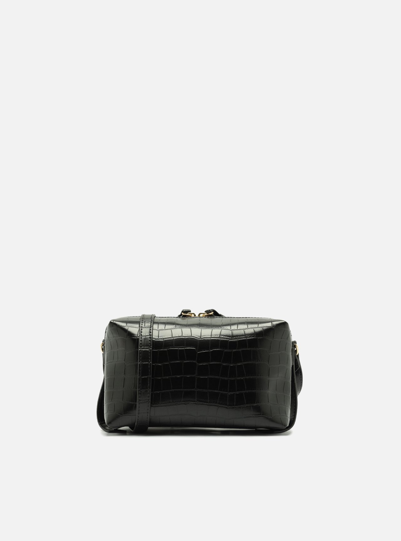 Bolsa Tiracolo Preta Pequena Croco Placa Dourada — foto 3