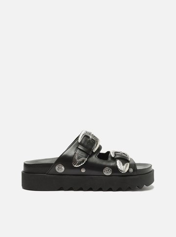 Sandália Preta Couro Flatform Fivelas Metais