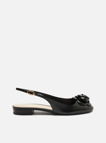 Sapatilha Preta Couro Slingback Flor