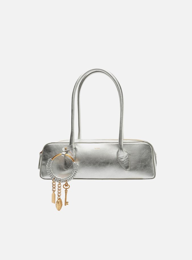Bolsa Shoulder Prateada Couro Média Metais