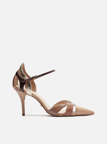 Scarpin Bege Couro Salto Fino Mix Tiras