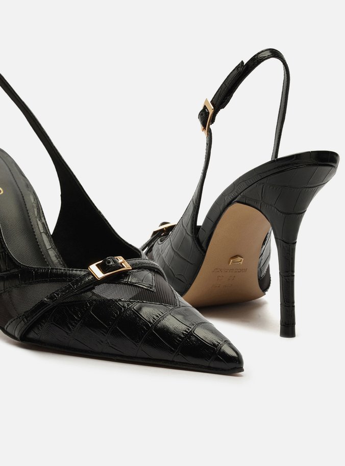 Scarpin Preto Croco Salto Alto Slingback Tela