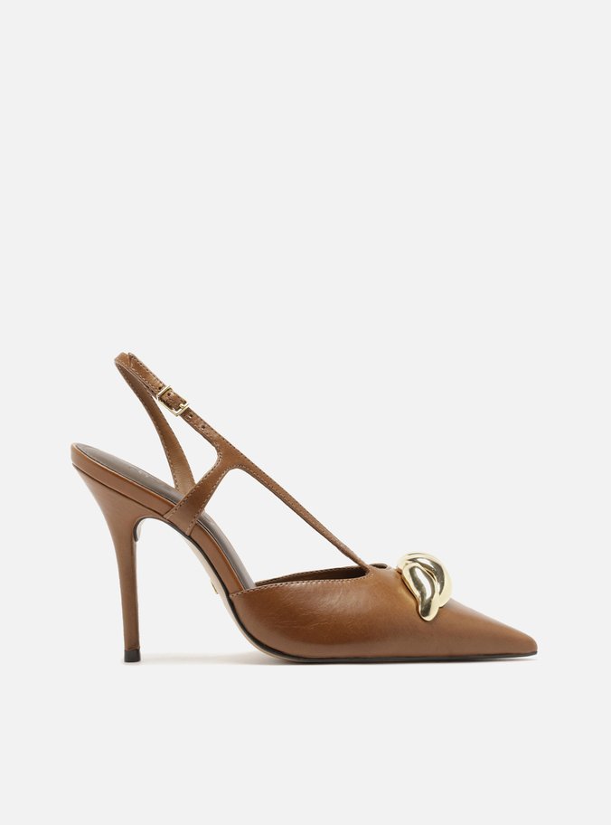 Scarpin Marrom Couro Slingback Salto Fino Metais