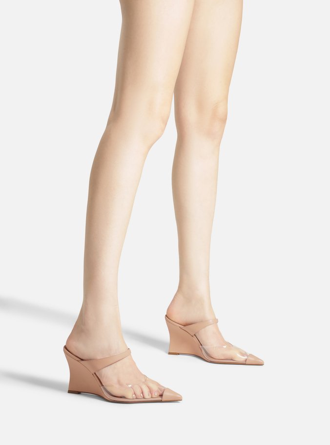 Mule Bege Couro Vinil Salto Alto Anabela