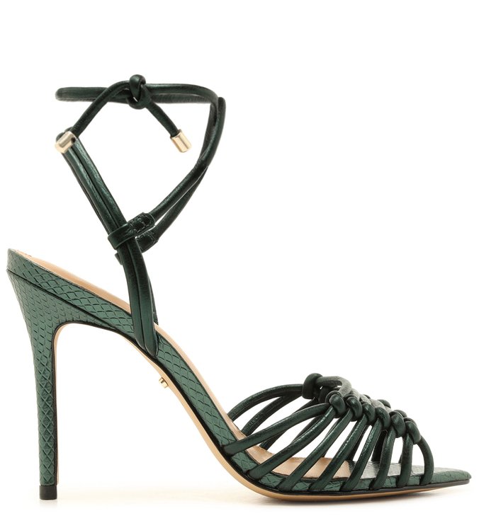 Sandália Couro Amarração Salto Alto Giovanna Metal Green