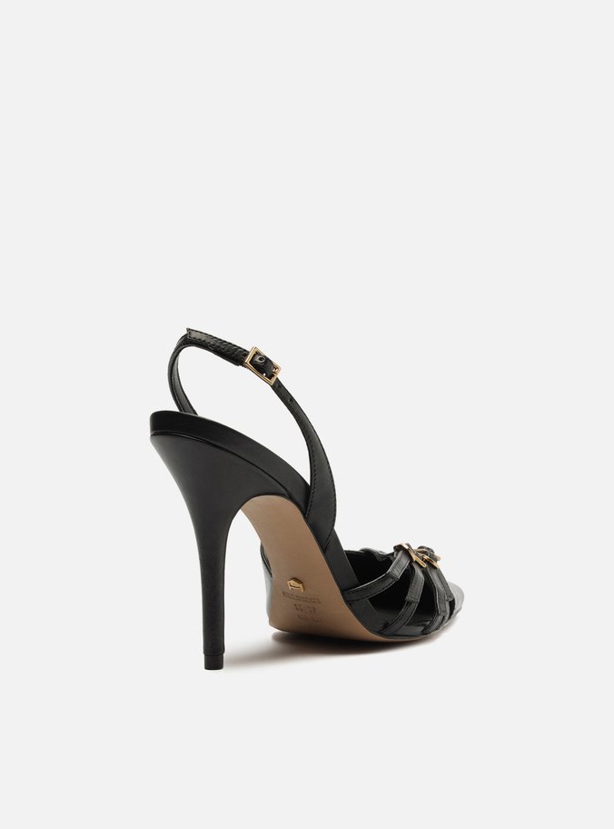 Scarpin Preto Couro Salto Alto Tiras Fivelas