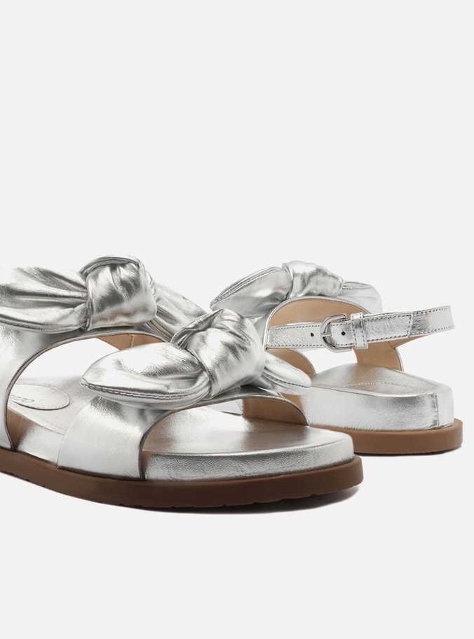 Sandália Rasteira Prata Couro Flatform Laços