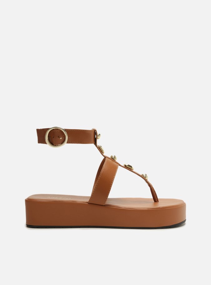 Sandália Marrom Flatform Tiras Aplicações