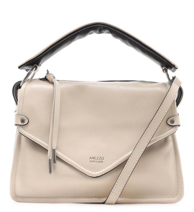 Bolsa Satchel Couro Duda Média Off-White e Preto
