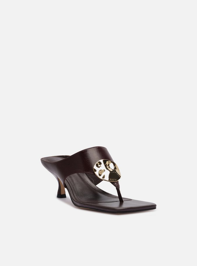 Sandália Marrom Couro Salto Kitten Thong Metal
