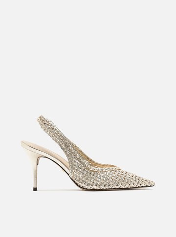 Scarpin Dourado Tressê Bico Fino Slingback