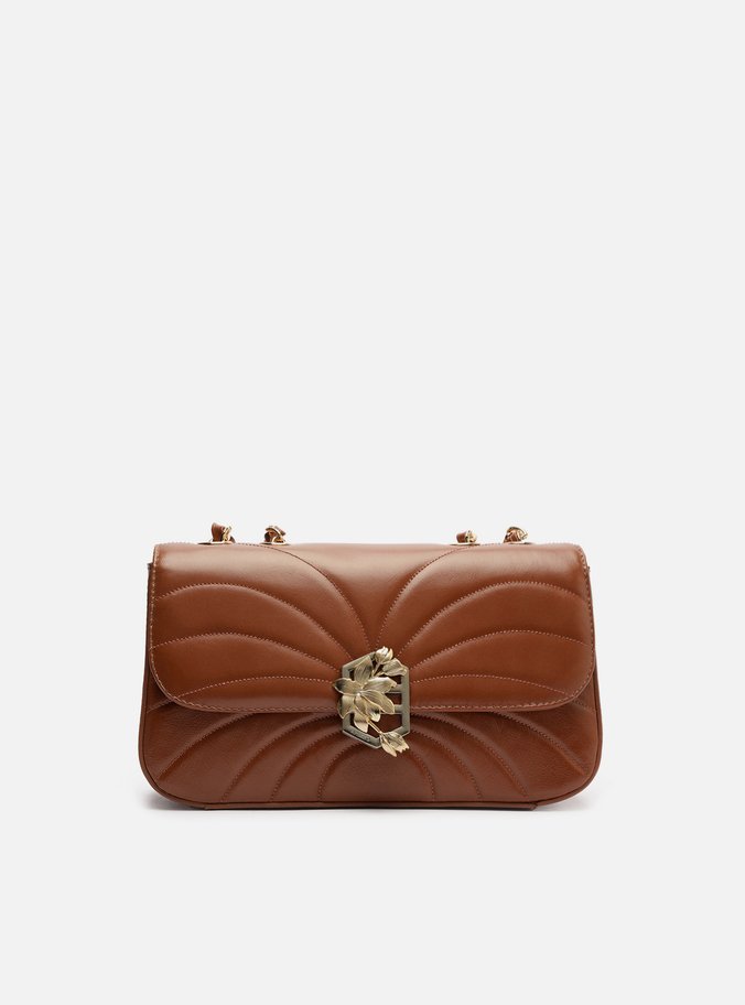 Bolsa Tiracolo Marrom Couro Média Metal Flor