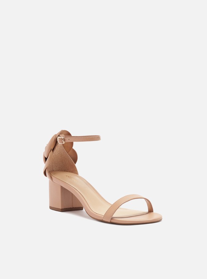 Sandália Nude Couro Salto Bloco Maxi Flor