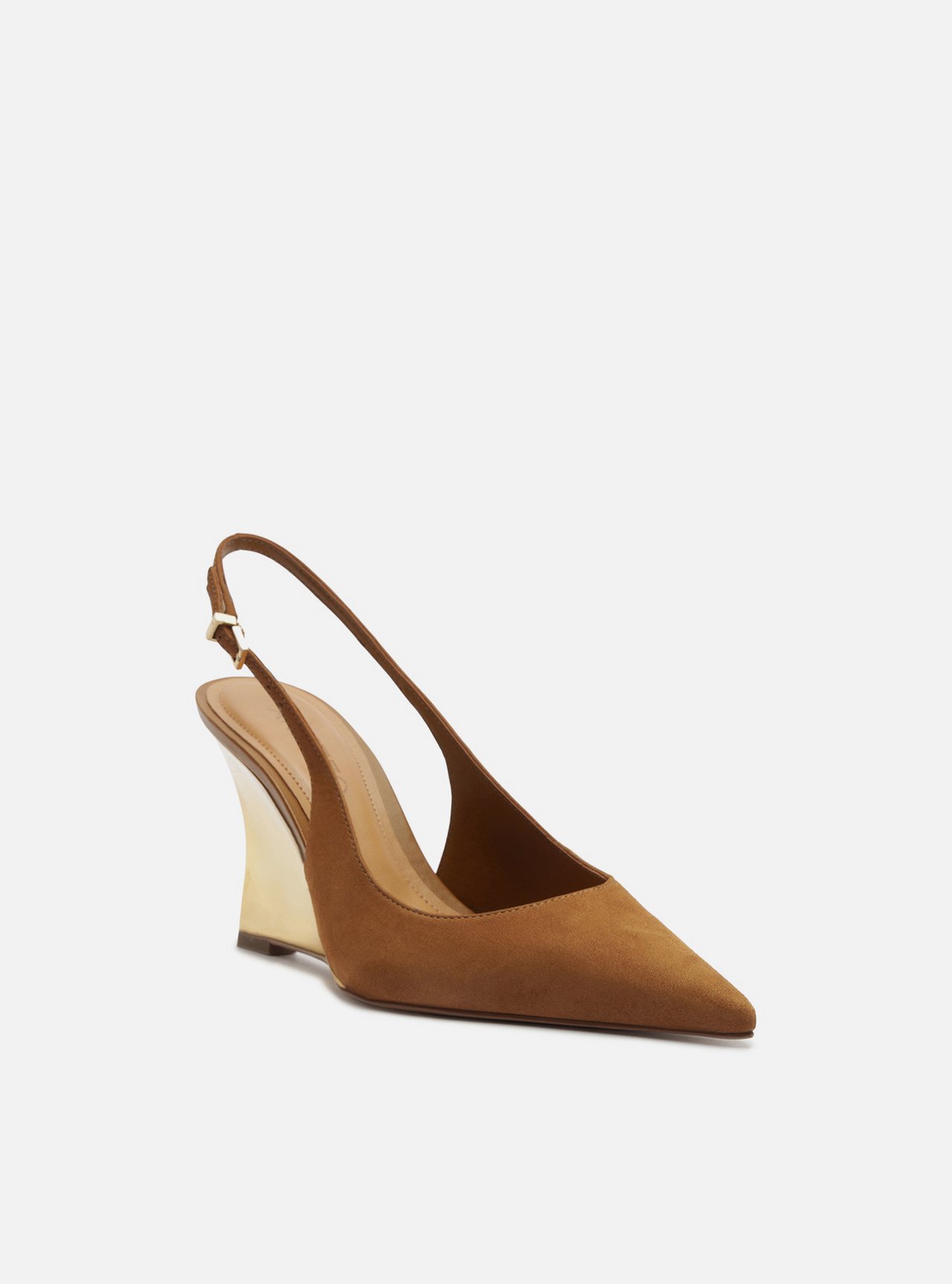 Scarpin Marrom Acamurçado Anabela Dourado Slingback — foto 2