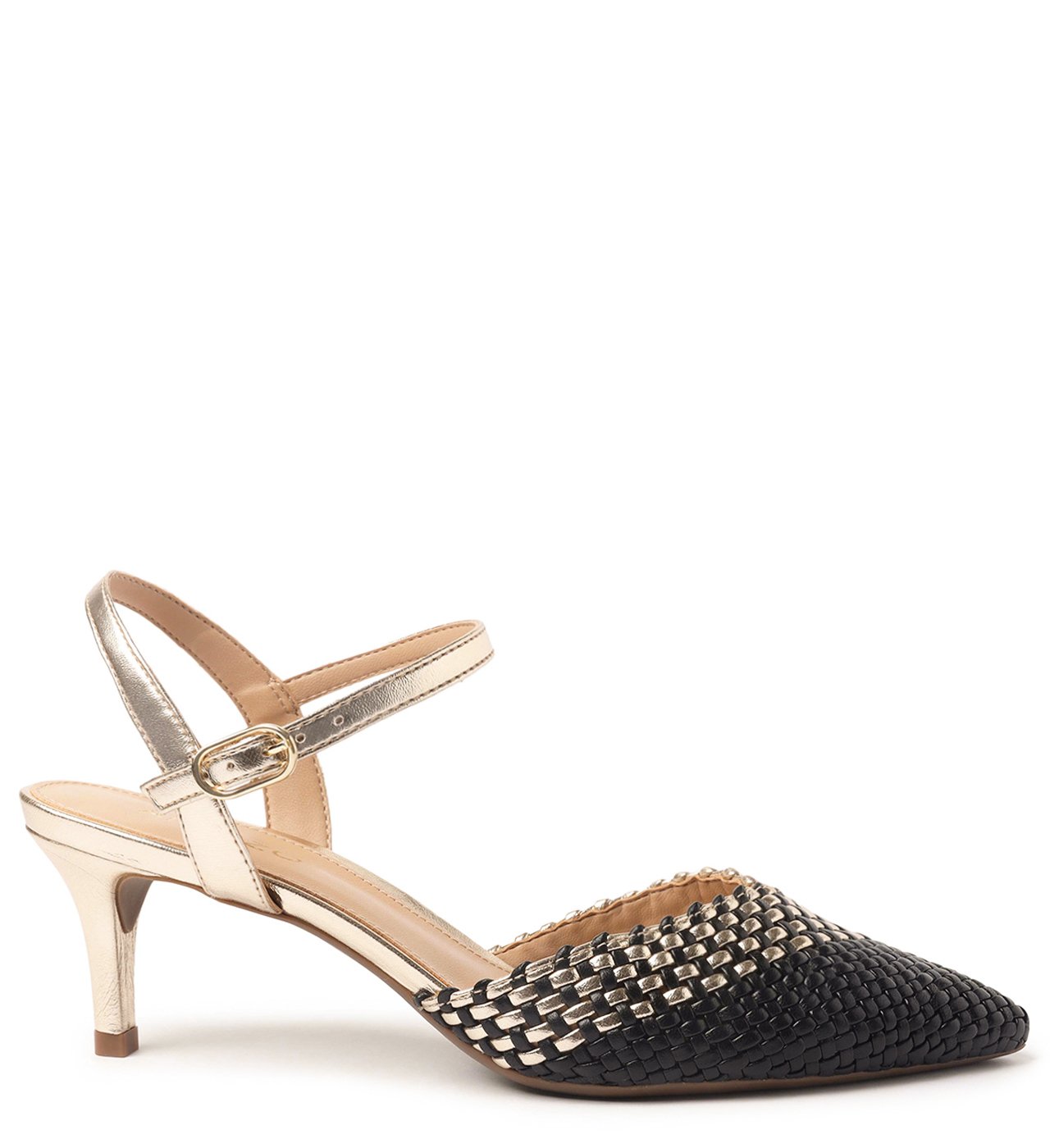 Scarpin preto com best sale dourado