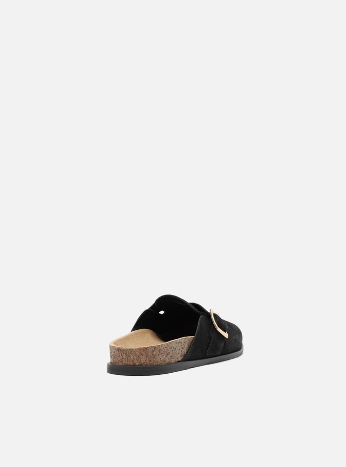 Clog Sabot Preta Camurça Rasteira Fivela