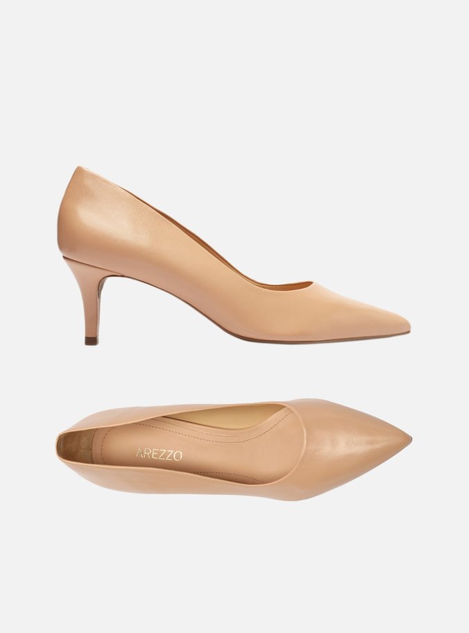 Scarpin Bege Couro Salto Baixo Fino Bico Fino