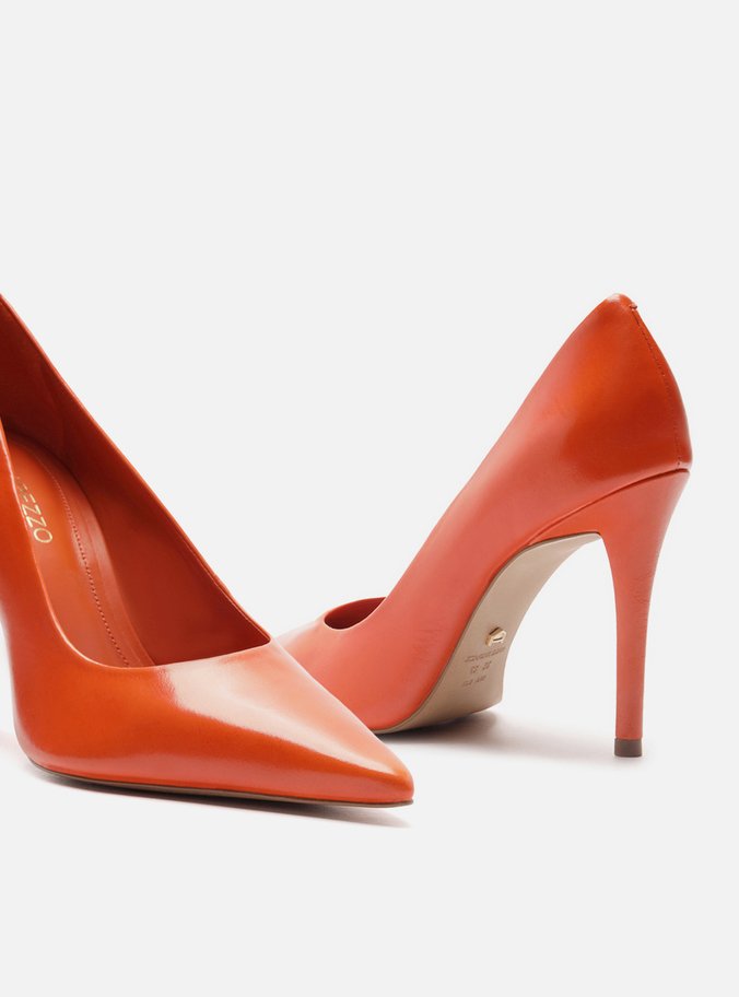 Scarpin Laranja Couro Salto Alto Fino Monocolor