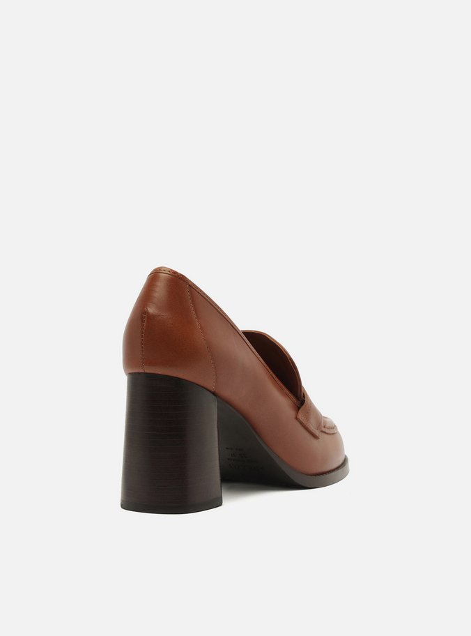 Loafer Caramelo Couro Salto Bloco Tira