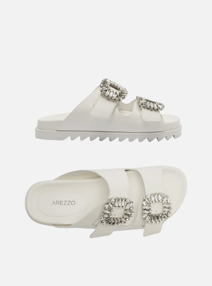 Sandália Slide Branca Couro Flatform Pedraria