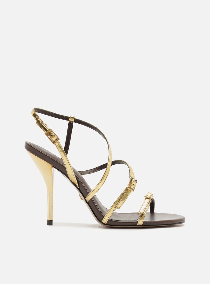 Sandália Dourada Salto Alto Fino Tiras Fivelas