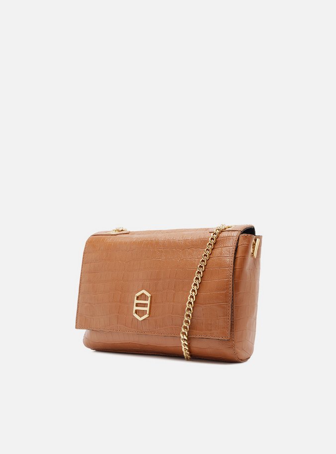 Bolsa Tiracolo Marrom Couro Croco Média Reversível