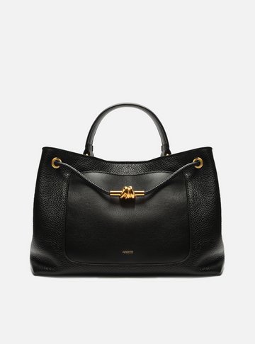 Bolsa Tote Preta Couro Média Nó Metal