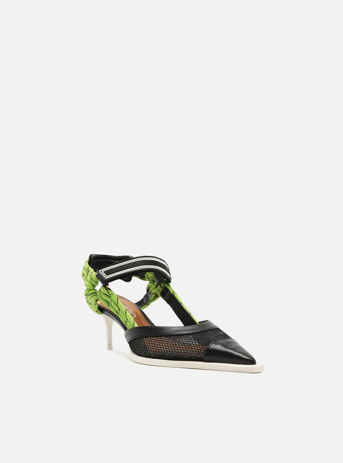 Scarpin Preto Tela Salto Baixo Slingback Cordão