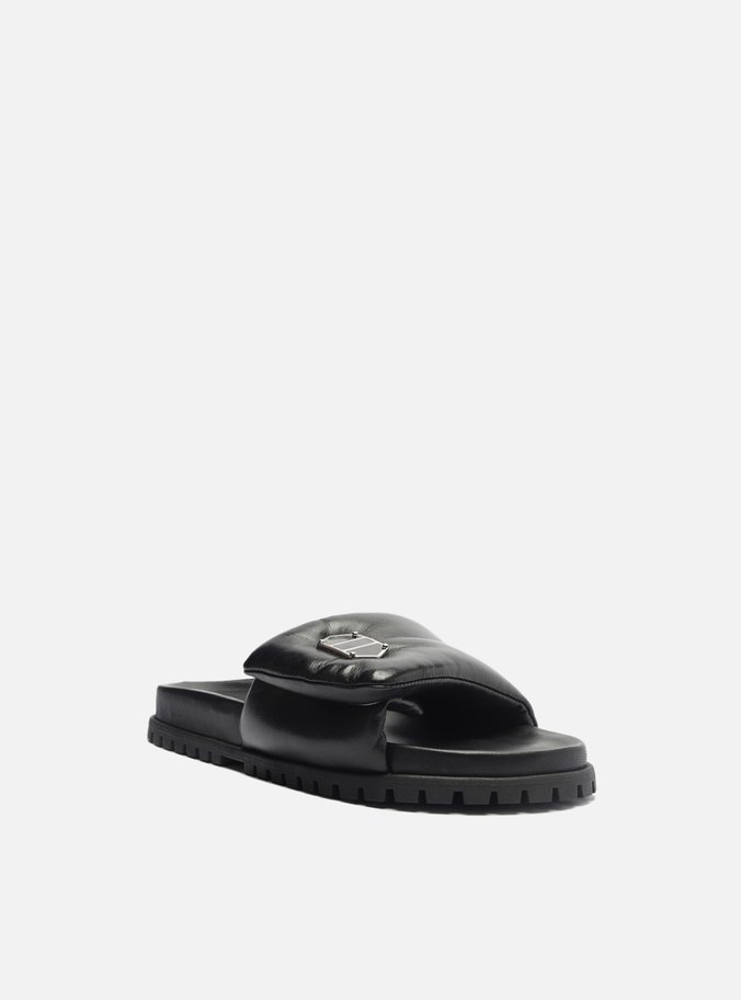 Slide Preto Couro Tratorado Puffer