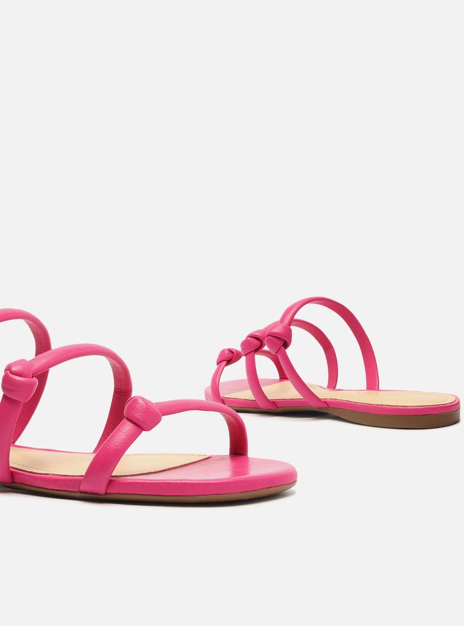 Sandália Rasteira Rosa Pink Bico Redondo Tiras Nó