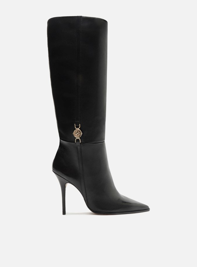 Bota Preta Couro Cano Longo Salto Fino Medalha Arezzo