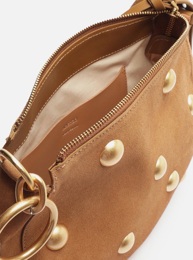 Bolsa Tiracolo Marrom Couro Acamurçado Média Tachas