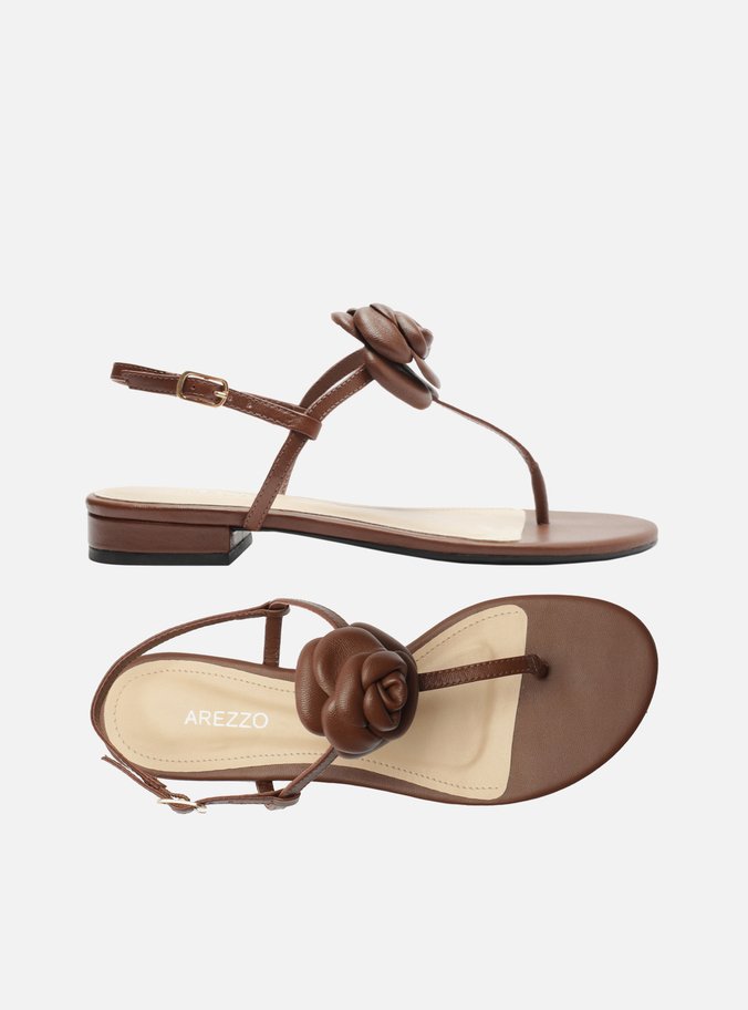 Sandália Marrom Couro Salto Baixo Slim Flor