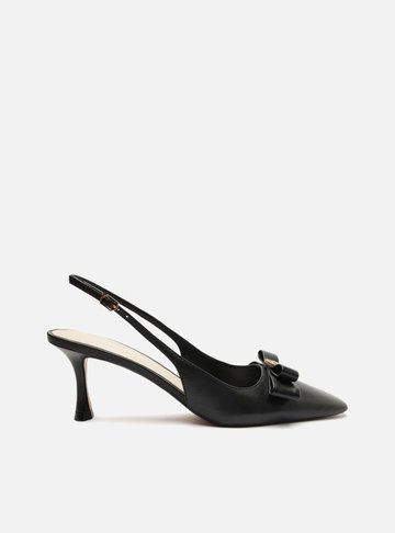 Scarpin Preto Couro Bico Quadrado Slingback Laço