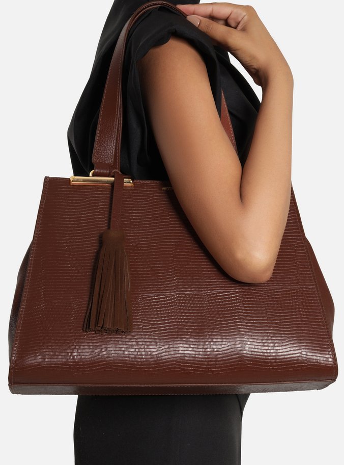 Bolsa Shopping Marrom Couro Grande Croco Franja