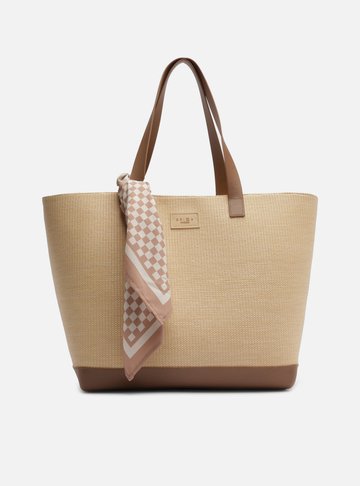 Bolsa Shopping Marrom Ráfia Grande Lenço Xadrez