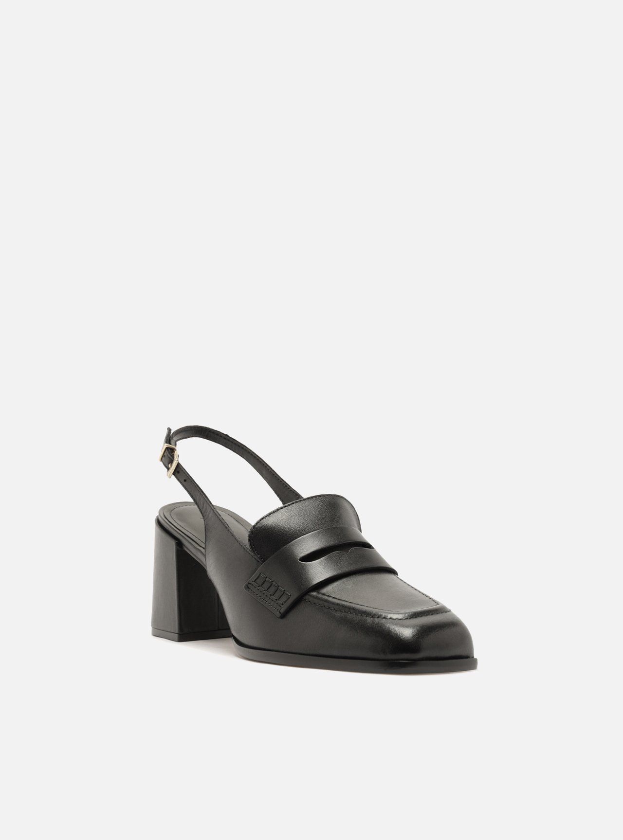 Mocassim Preto Couro Salto Bloco Slingback — foto 2