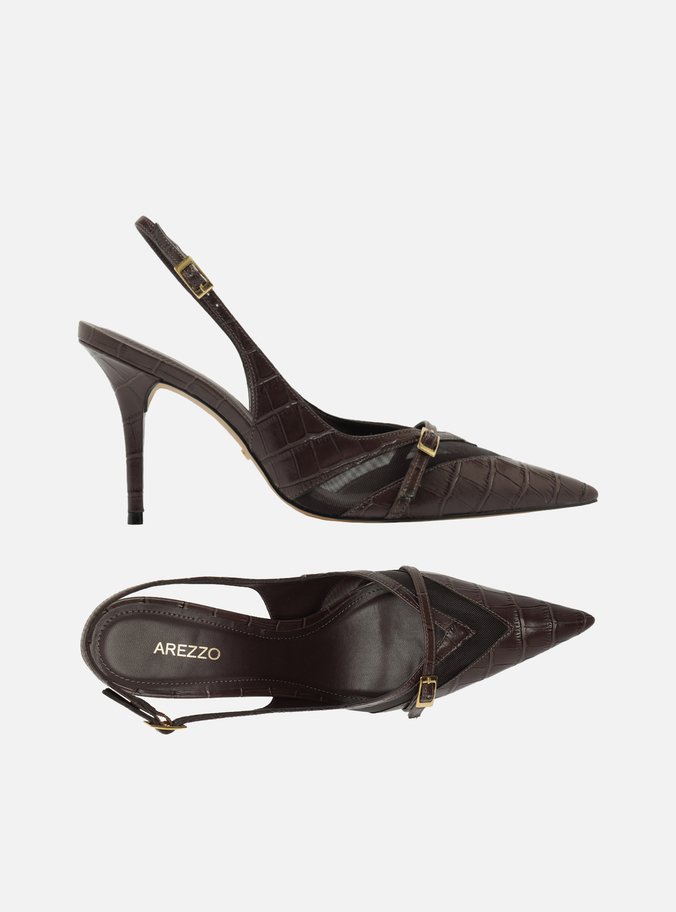 Scarpin Marrom Croco Salto Alto Slingback Tela