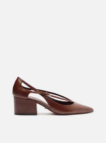 Scarpin Marrom Couro Bloco Semi Aberto Tiras