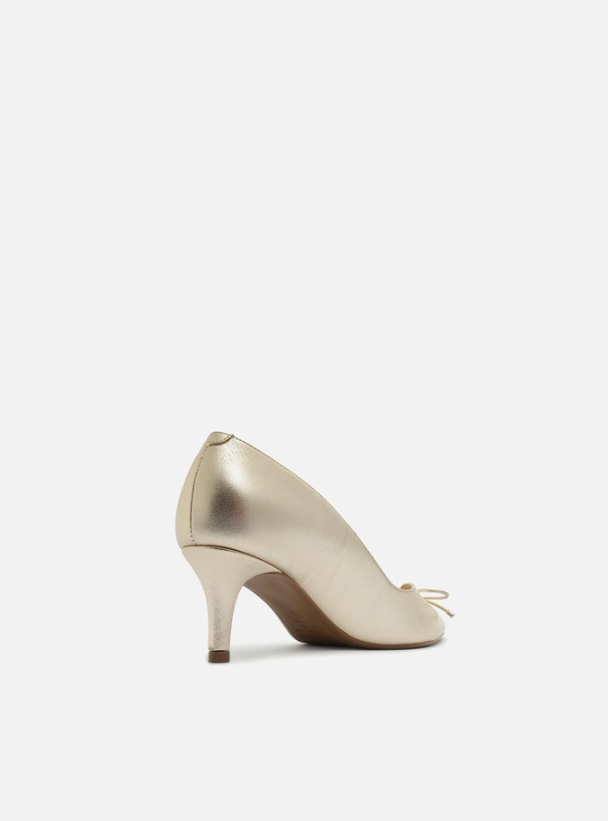 Scarpin Dourado Couro Salto Médio Fino Laço