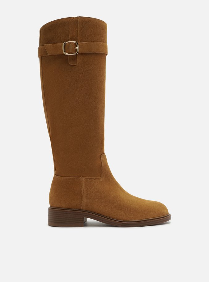 Bota Marrom Camurça Cano Longo Salto Bloco