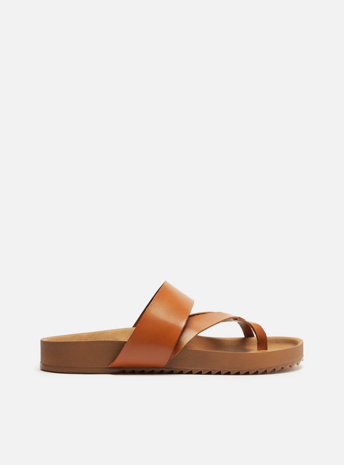Papete Marrom Couro Flatform Tiras Cruzadas