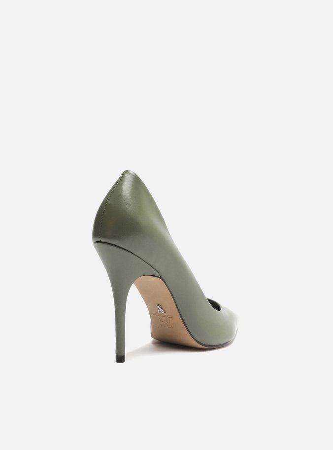 Scarpin Verde Militar Couro Salto Alto Bico Fino