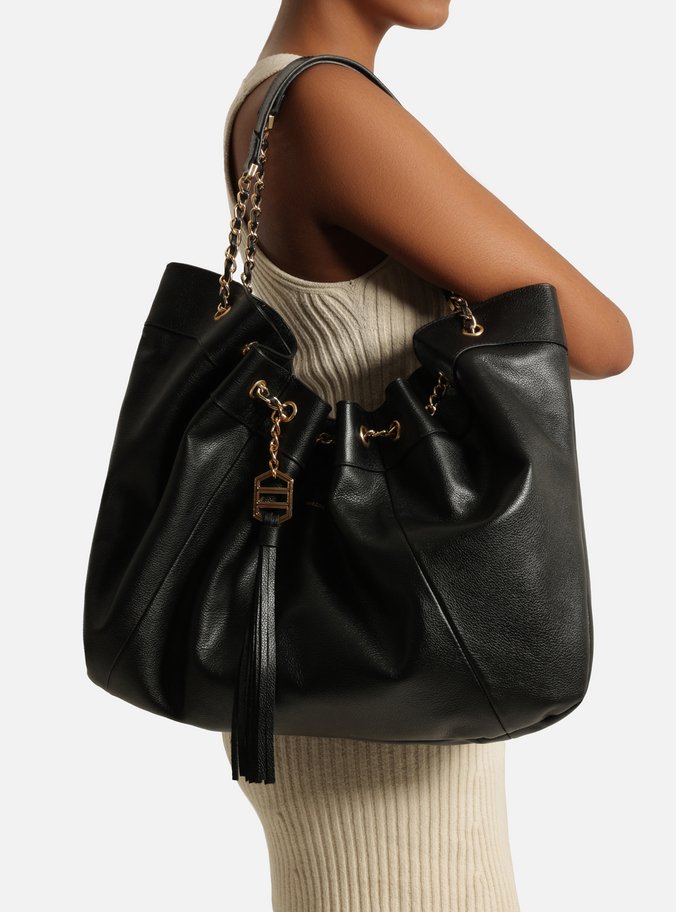 Bolsa Shopping Preta Couro Grande Franzido