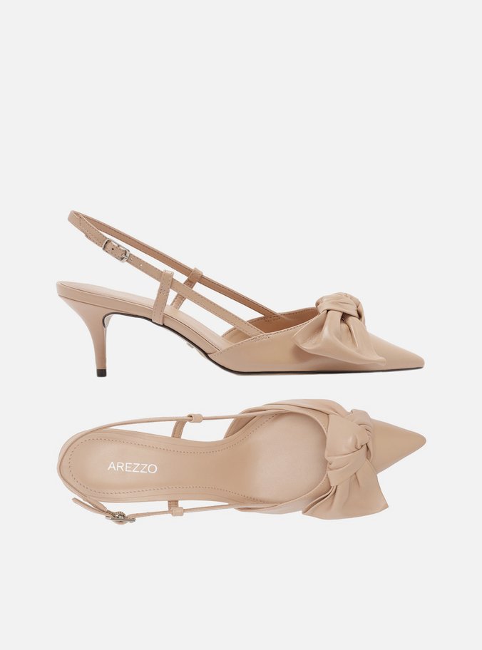 Scarpin Nude Couro Salto Fino Maxi Laço Slingback