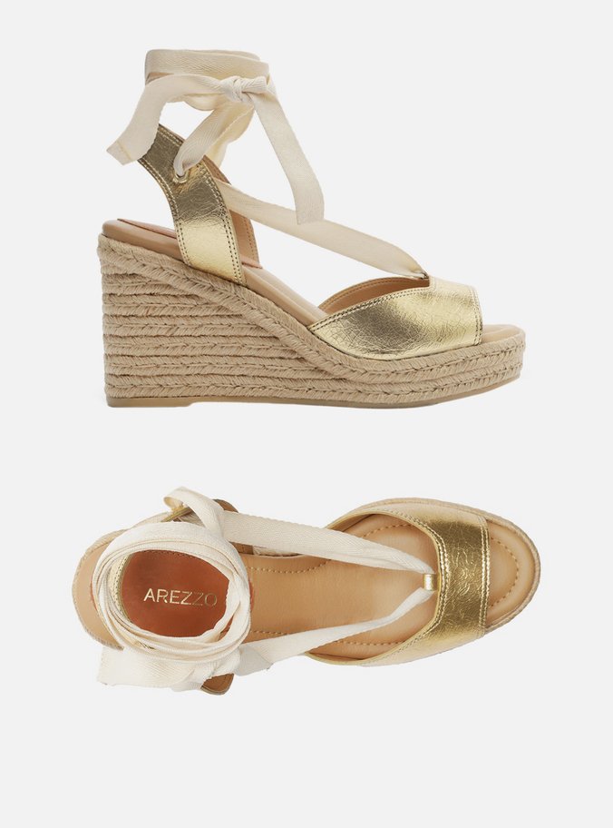 Espadrille Dourada Couro Plataforma Amarração
