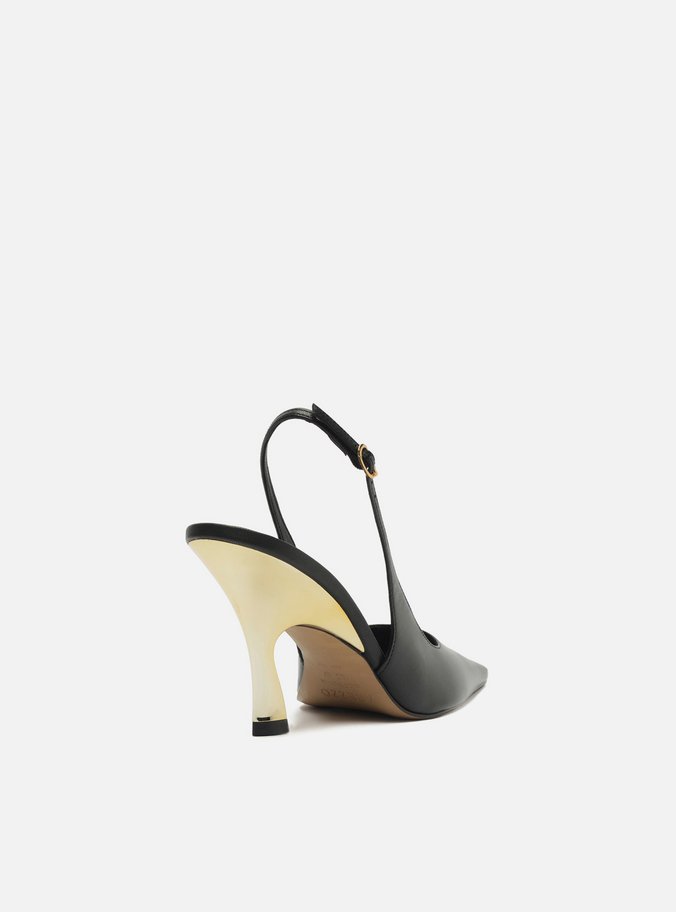 Scarpin Preto Couro Salto Alto Slingback