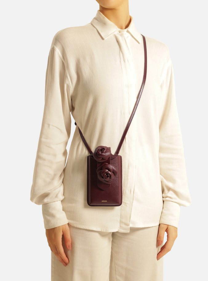 Mini Bag Vinho Couro Flores Porta-Celular