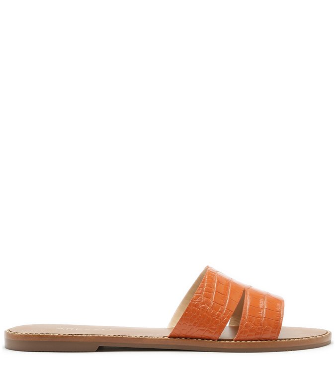 Chinelo Slide Couro Croco Rasteiro Mandarine